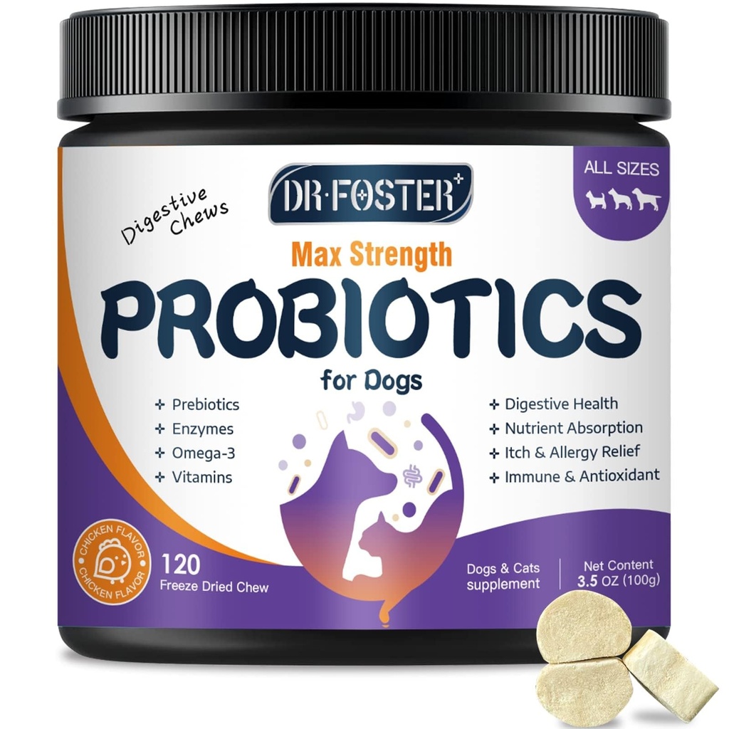 Probiotika pro psy, Freeze- Sušený pes Probiotika a trávicí enzymy, Plus Omega-3 pro Itchy kůže, 3- in-1 Prebiotika pro stravitelné zdraví, Dog Vitamíny a doplňky pro imunitní zdraví, 120 Bites