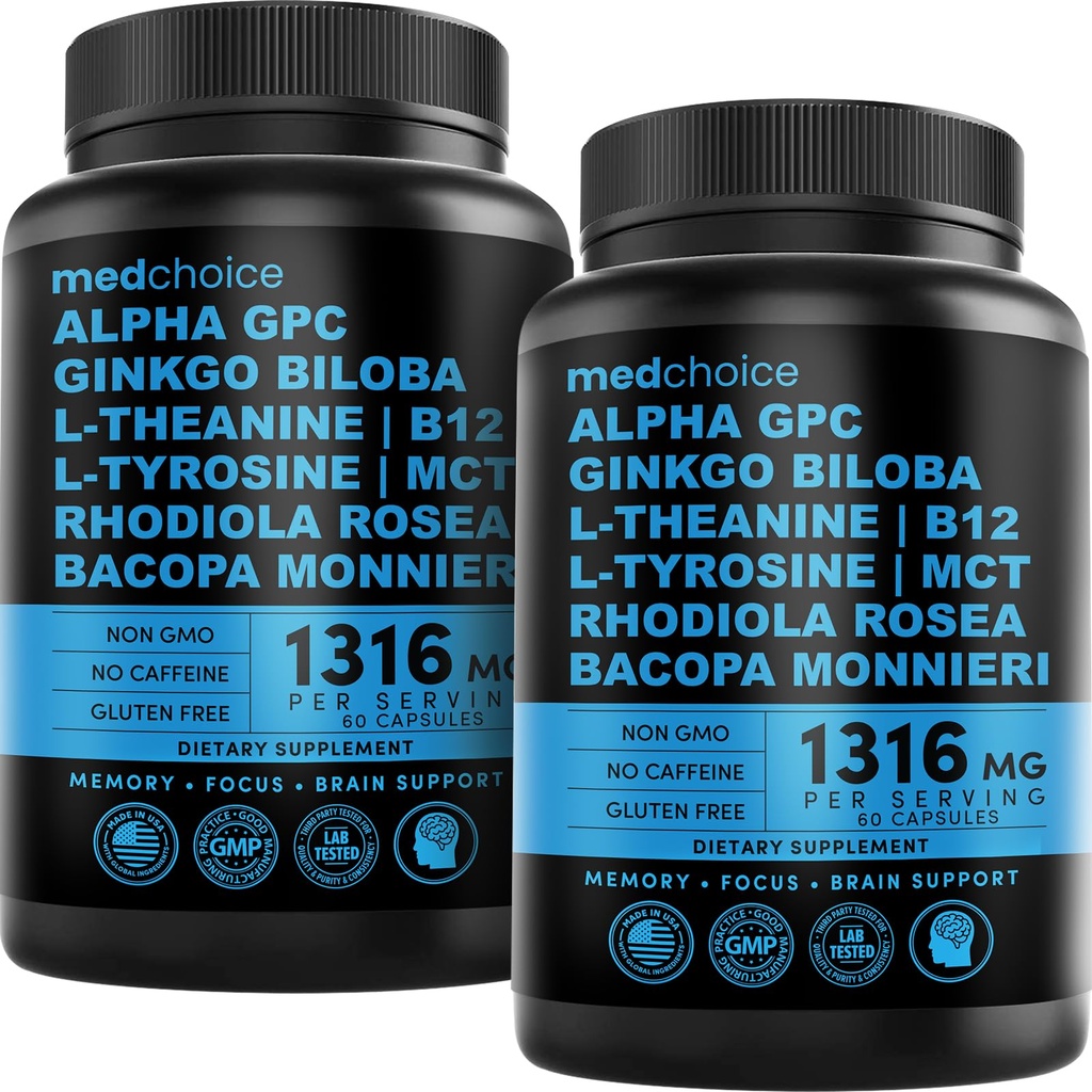 12-in-1 Nootropní dodatek k mozku Bezvodý: Ginkgo Biloba pro podporu mozku, paměti a zaměření - B12, Alpha GPC, L Theanine a Choline doplňky s bioperine není kofein 1321mg (120ct)