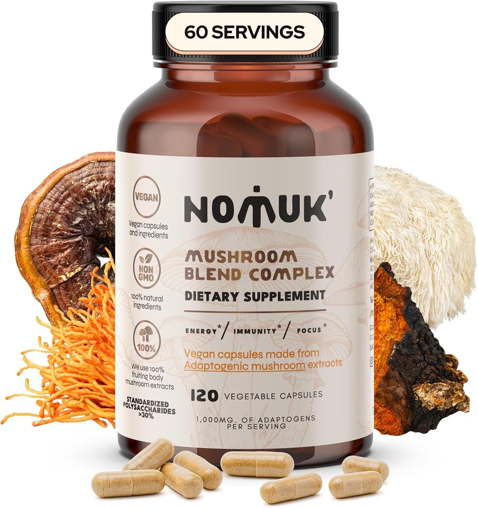 Adaptogenní Houba Extract Směs Lions Mane, Reishi, Cordyceps, dodatek Chaga, 120 Kapsle.