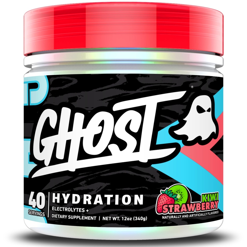 Hydratace GHOST, Kiwi Strawberry, 40 Serv, Electrolyte Powder - Nápoj Mix s hořčík, draslík, vápník, vitamín C & Taurin pro energii a vytrvalost - Vegan, bez sóji, cukr & gluten