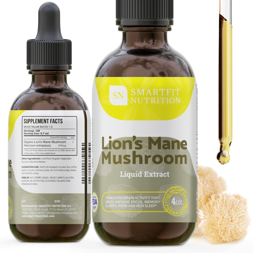 Lions Mane Extract - Lions Mane Tincture - Made in USA - Houbový dodatek pro paměť, Focus & Clarity - Denní Houbový dodatek - 4 Fl oz.