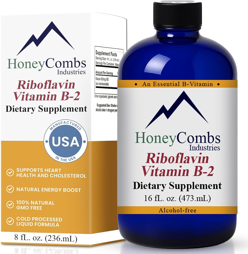 HoneyCombs vitamin B2 Riboflavin dodatek tekuté kapky - vysoká potence vitamin B2 pro muže a ženy - Udržovat zdravé trávení, nervový systém, vlasy, kůže, hřebíky - Vegan tekuté vitamíny (16 Fl oz)
