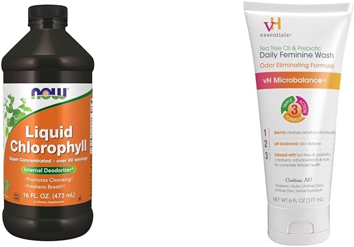 Nyní doplňky, tekutý chlorofyl, super koncentrovaný, vnitřní deodorant *, zvýšení energie a vH Essentials, Ph Vyvážená denní feminin mytí, Tea Tree Oil & Prebiotic, 6, Fl Oz, (balení po 1)