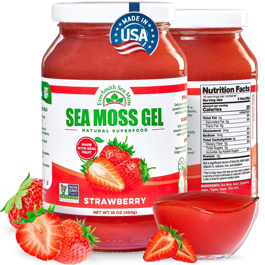Wildcrafted Irish Sea Moss Gel Is124; Made in USA Is124; Bohatí ve Vitamíny & Minerály Is124; Sea Moss Gel Raw Is124; Nutriční dodatek Is124; Jahoda (16 oz)