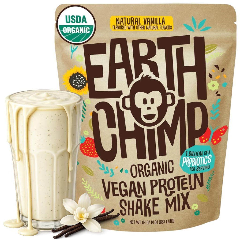 PowChimp Organic Vegan Protein Powder - s probiotiky - Non GMO, mléčné výrobky zdarma, nesyrovátka, rostlinné bílkoviny prášek pro ženy a muže, gluten zdarma - 52 Sluhy 64 Oz (Vanilla)