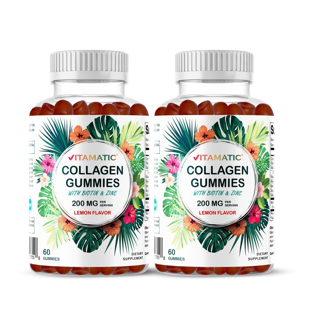 Vitamatická 2 balení Hydrolyzované kolagenové gumy s vitaminem C, zinkem a biothinem, 200 mg - 60 gumů (celkem 120 kusů)