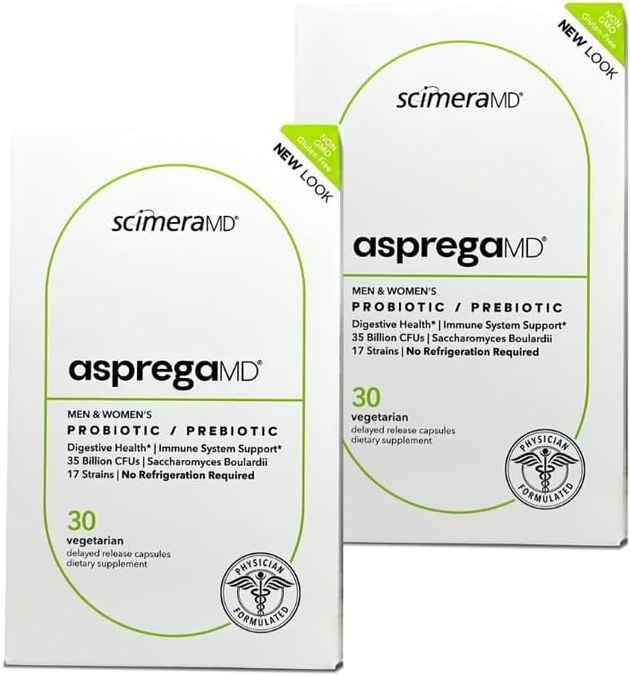 Asprega 30CT - Probiotický + Prebiotický dodatek 124; 17 Strains, 35 Miliardy CFU 124; Zpožděná verze 124; Saccharomyces Boulardi 124; pro muže a ženy 124; podle ScimeraMD, 2-Pack