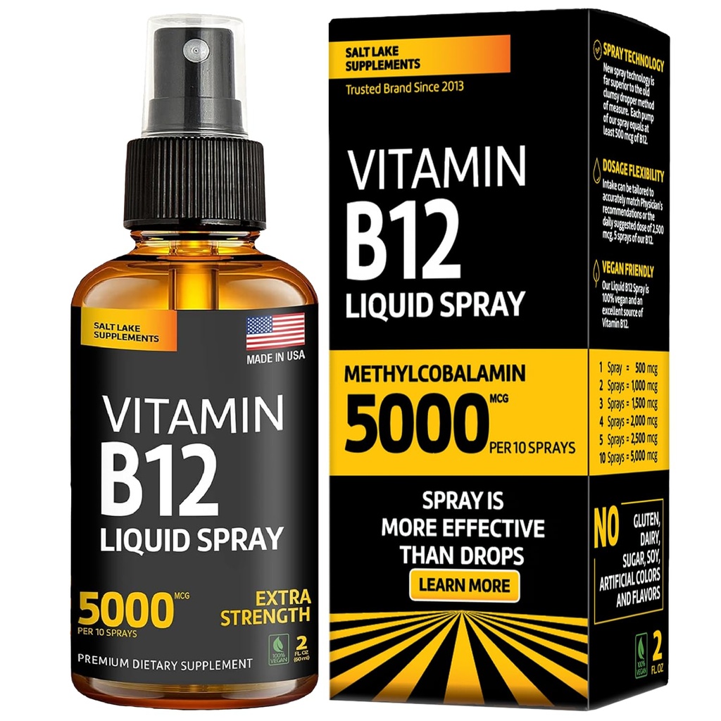 Vitamin B12 Sublingual Spray 5000 mcg - Vegan Methylkobalamin Liquid B12 Boost Energy, Mood & Brain Health - Gluten- Free, Non- GMO B12 Spray pro muže a ženy - Snadné dávkování (5000 mcg v 10 sprejích)