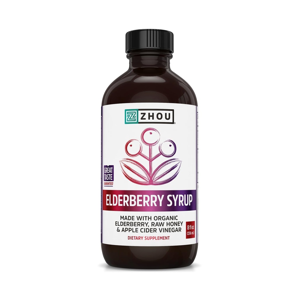 Zhou Nutrition Elder- Mune + Syrup - Organic Black Elderbery Sirup pro dospělé, Imunitní podpora Elixir s jablečným octem, Echinacea tinktura, Přírodní Wellness - 8 Fl Oz skleněná láhev