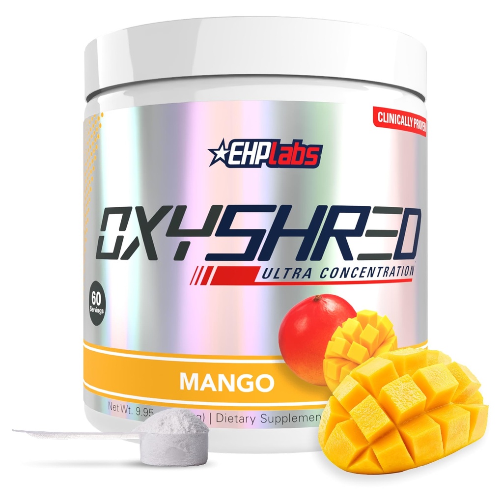 EHP Labs OxyShred Pre Workout Powder - Presping Powder with L Glutamine & Acetyl L Carnitin, Energy Boost Drink - Mango, 60 Servings