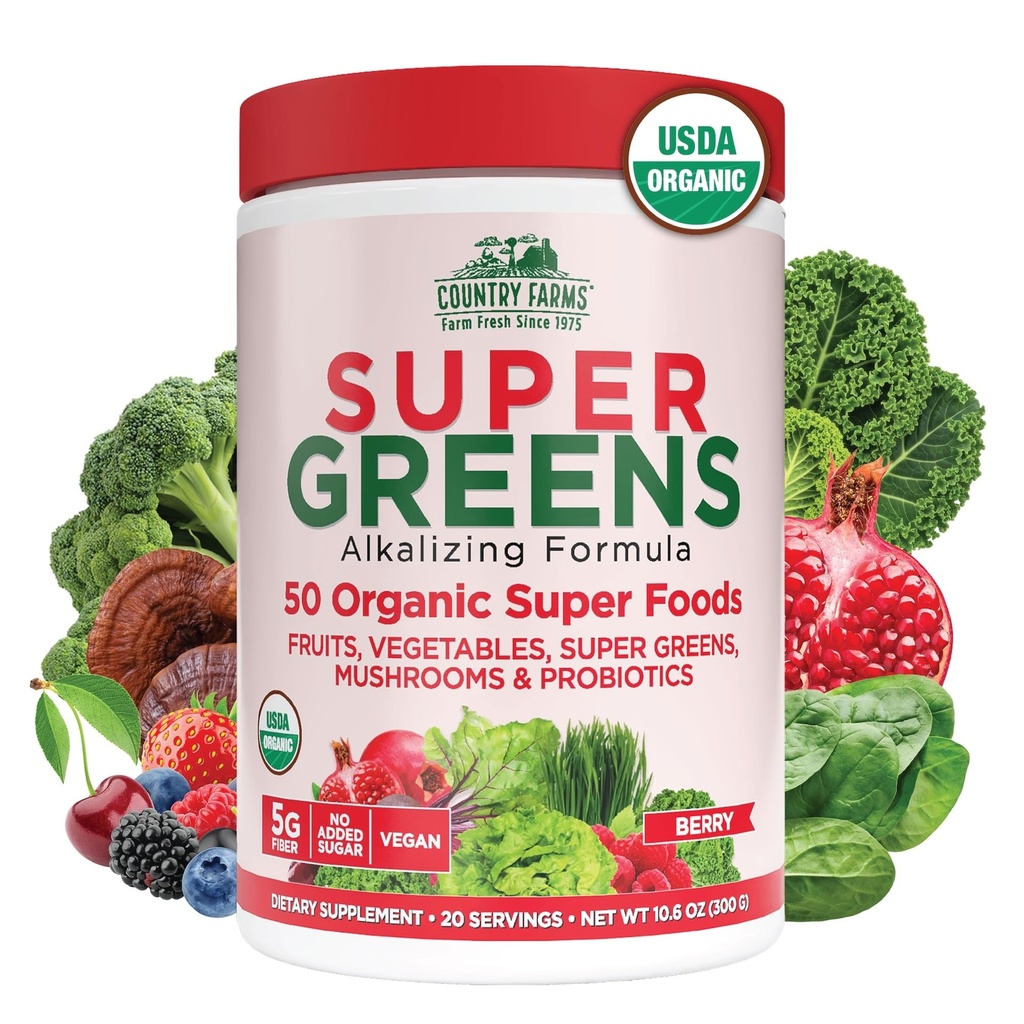 Country Farms Organic Super Green Berry Flavor, 50 Organic Super Foods, Baleno s Fiber, USDA Organic Drink Mix, Ovoce, Zelenina, Houby & Probiotika, Podporuje energii, 5g Fiber