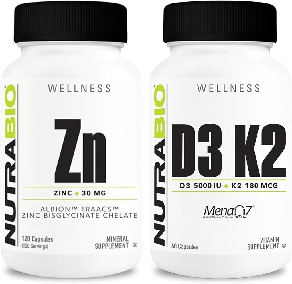 NutraBio zink Chelát a vitamín D3 K2 Minerální doplněk Bundle - Může pomoci s řádným růstem, vývoj, imunitní systém, a kosti a srdce zdraví