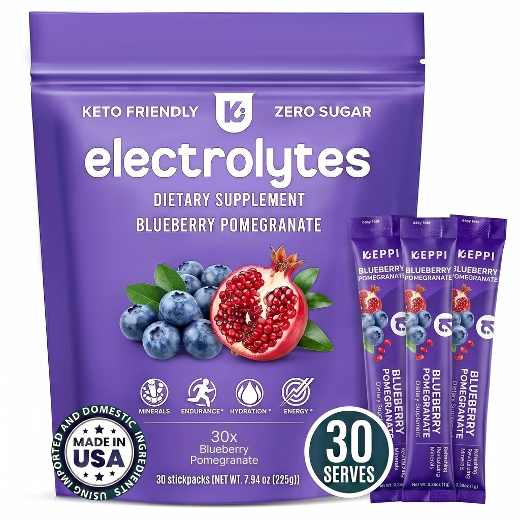 Keppi Electrolytes Powder Packets - Blueberry Pomegranate 30 Servings - No Cukr Hydration dodatek s draslíkem, hořčík, sodík - Keto, Vegan, Fasting- Friendly, Nula Calorie Hydration Packets