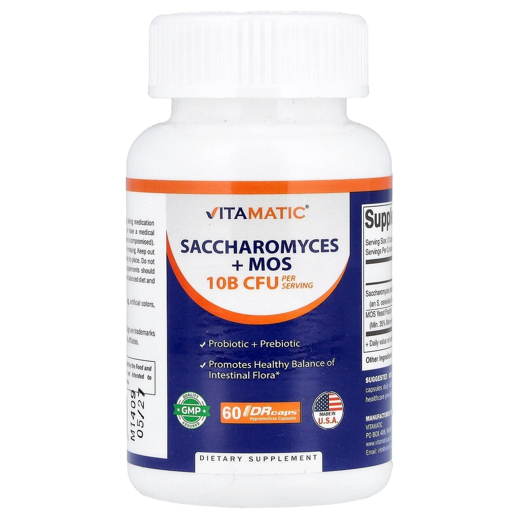 Vitamatic Saccharomyces Boulardii Probiotic 10B per Serving + Yeast Extract (MOS Yeast Fraction) 300 mg - 60 DR Kapsle - Made in USA
