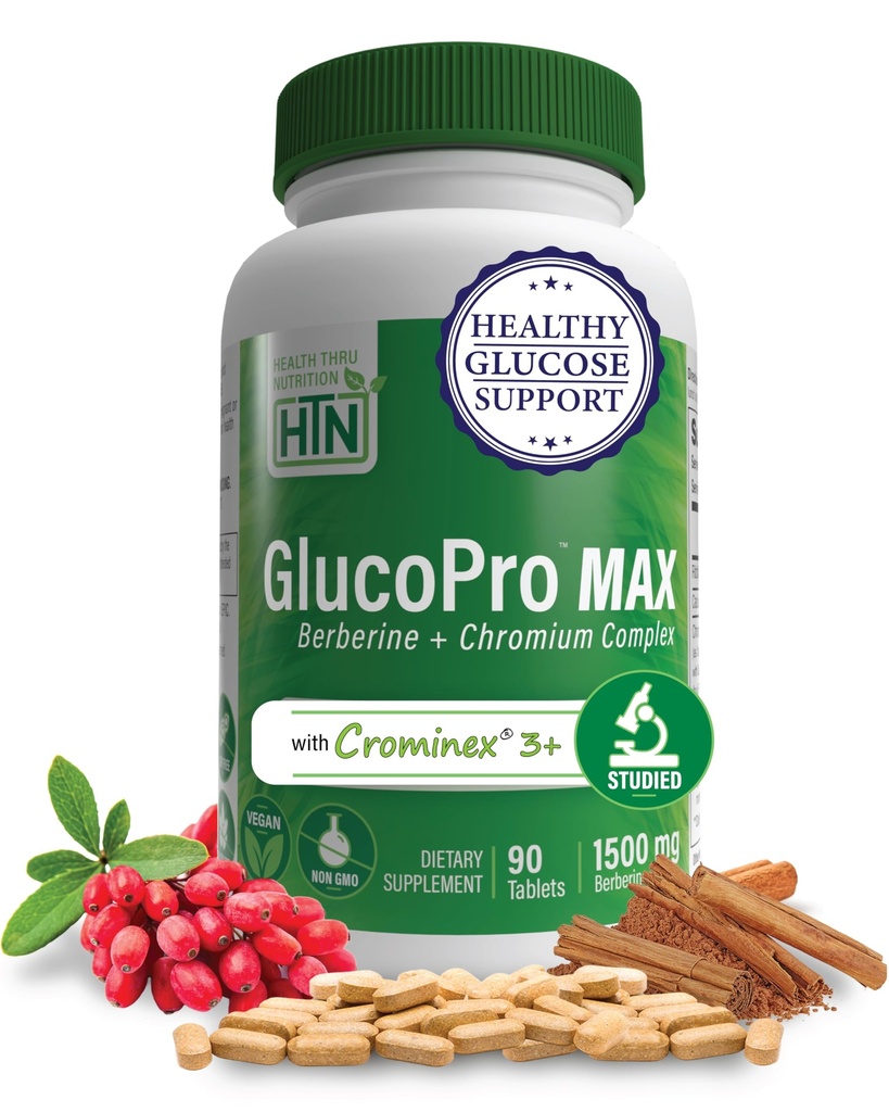 Zdraví Thru Nutrition GlucoPro Max - s 1,500mg Berberine, Chrominex + Chromim, a 1,000mg Skořice 124; Vegan, Non- GMO, gluten zdarma 124; Balení 90