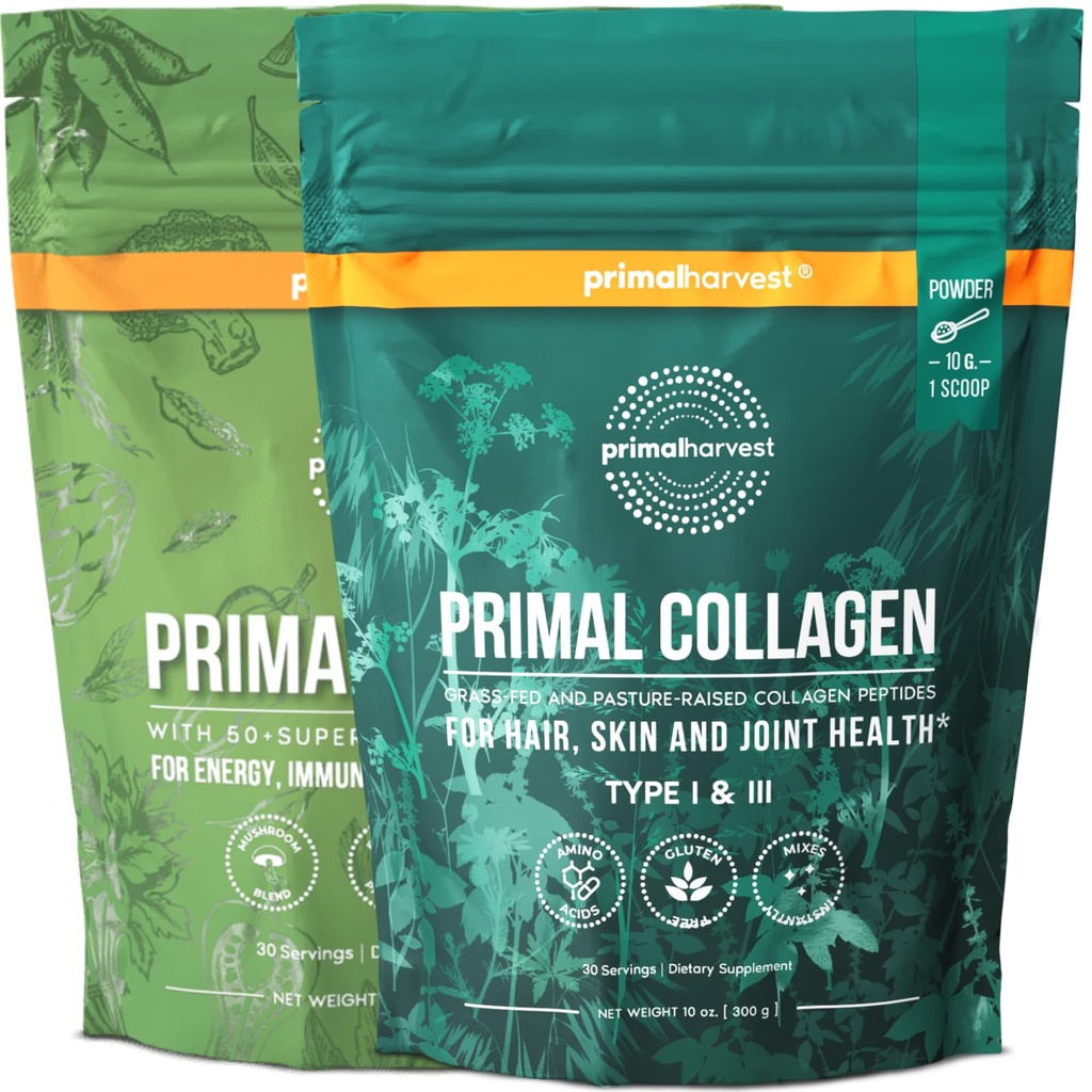 Primal Harvest Super Green & Collagen Práškové doplňky pro ženy a muže Superfood Green Powder and Collagen Peptides Prášek pro vlasy, kůži a nehty Bundle