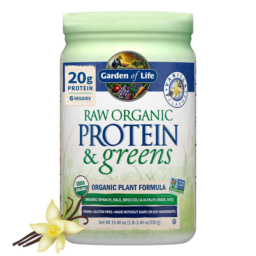 Zahrada života Syrové organické bílkoviny & Zelené Vanilla - Veganský protein prášek pro ženy a muže, Plant a Pea Proteiny, Zelená & Probiotika, Gluten Free Low Carb Shake Made Wiry 20 Servings