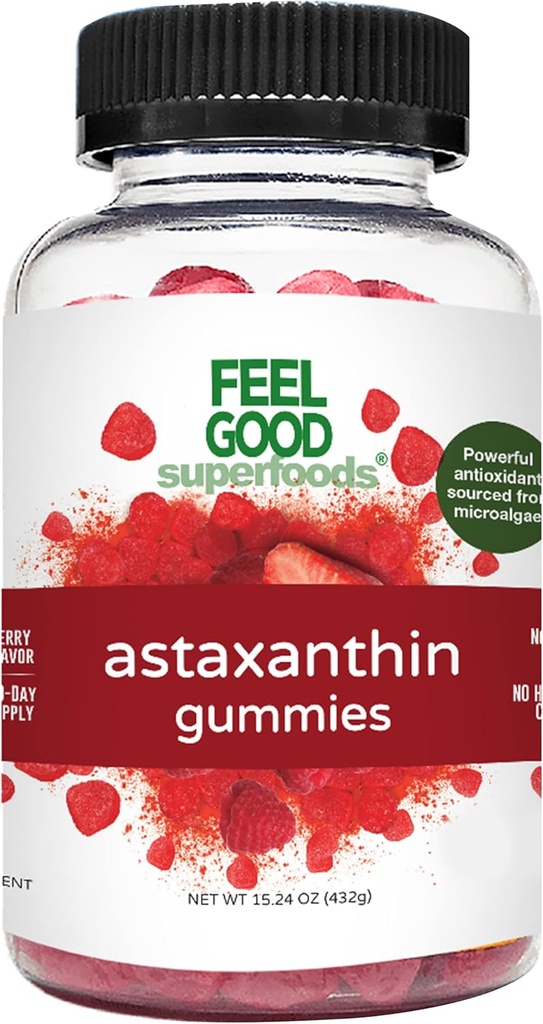 FeelGood Superfoods Astaxanthin doplňky, 6mg Antioxidační gumy pro pleť a oční zdraví, Berry Flavor, Vegan, Non- GMO, 60 Počet