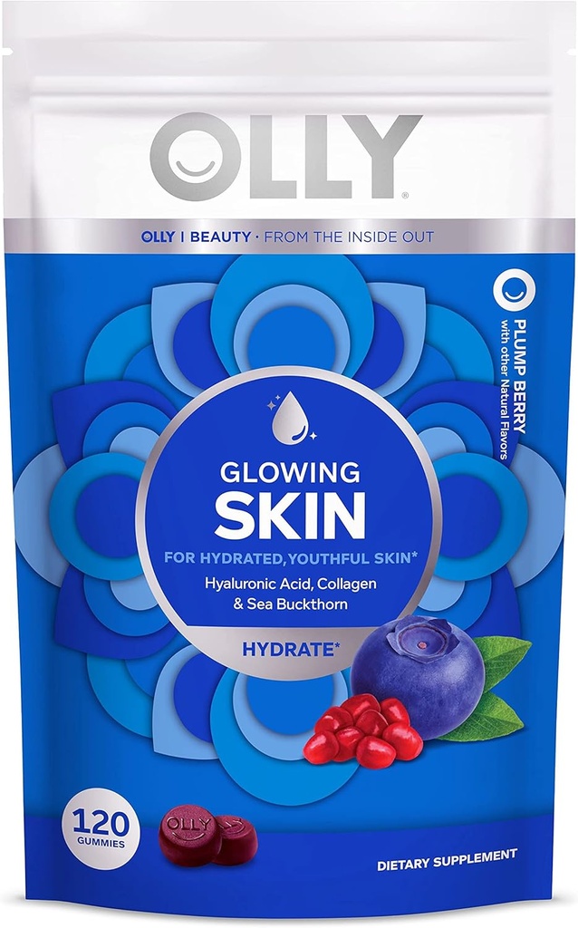 OLLY Gummy, Hydratovaný, Mladá kůže, Hyaluronická kyselina, Mořský Buckthorn, Žvýkací doplněk, Berry, 60 denní dodávka - 120 hrabě Pouch (balení po 6)