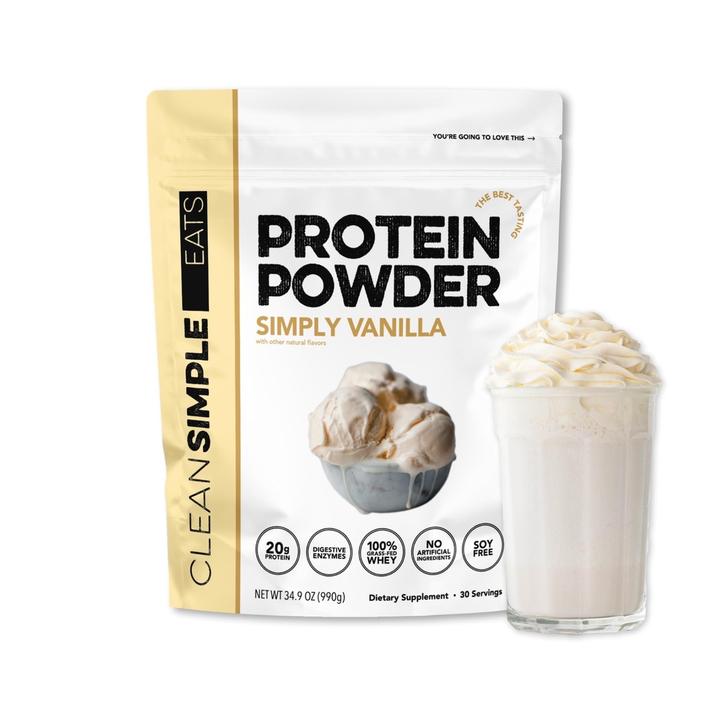 Čisté jednoduché jedí syrovátkové bílkoviny prášek, Jednoduše vanilková flavor přirozeně slazené, 100% tráva Fed protein prášek s trávicí enzymy & žádné umělé přísady, gluten zdarma, 30 Služeb