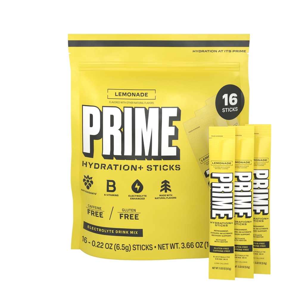 PRIME HYDRATION + Sticks Lemonade CLAS124; Hydration Powder Single Serve CLAS124; Electrolyte Powder On The Go CLAS124; Low Sugar CLAS124; Caffeine- Free CLAS124; Vegan CLAS124; 16 Sticks