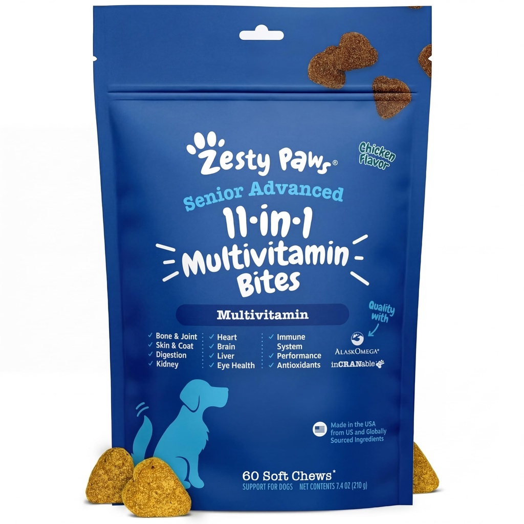 Zesty Paws Senior Dog Multivitamin Treats - Glucosamin pro psy + trávicí enzymy & Probiotika - Vitamíny zdarma a doplňky pro pleť & Coat + Imunitary Health Chicken - Advanced - 60ct