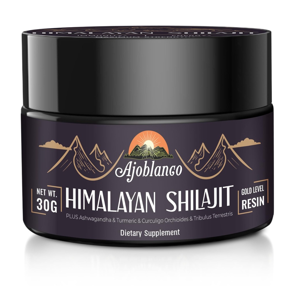Ajoblanco 600mg Natural Himalayan Organic Shilajit Resin - Himaláyan Gold Shilajit Resin with Organic Ayurvedic Blend in High Potency for Energy, Strength & Imunity, Pack of 1