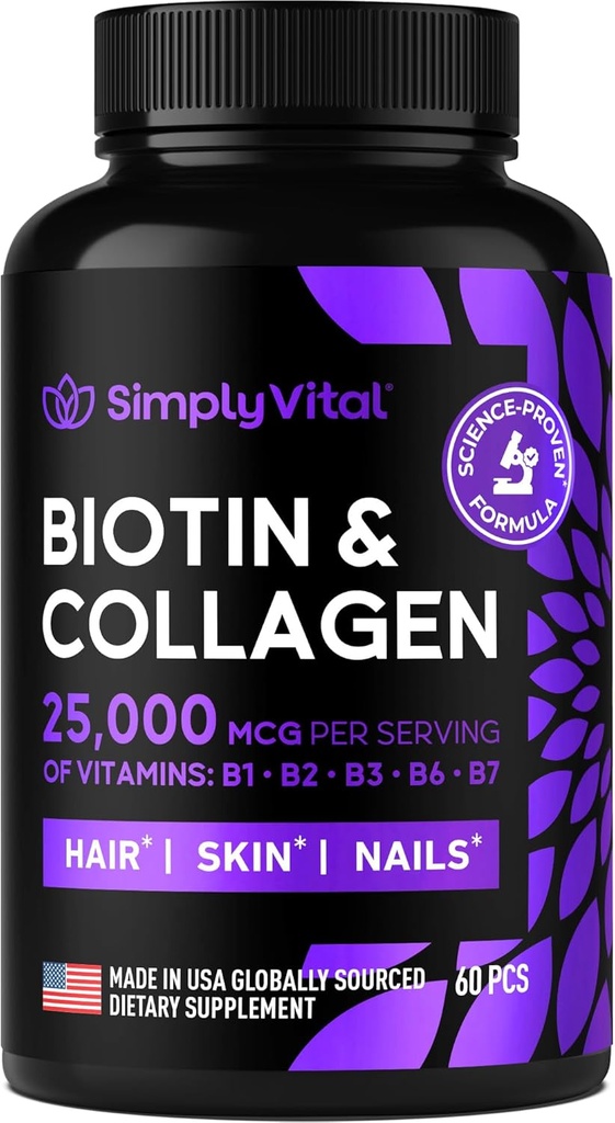 Biotin a kolagen doplňky s Keratin 25000 mcg - Vlasové kůže a nehty Vitaminy s kolagen Keratin B Komplex - Made in USA - Biotin pro růst vlasů ženy & muži Podpora kůže & nehty, 60 Kapsle