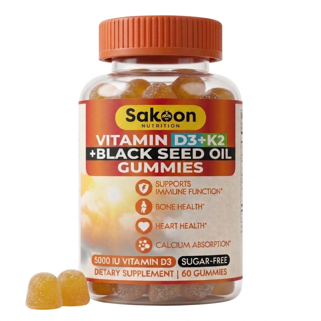 Sakoon výživa 5000 IU vitamin D3 K2 Vitamin dodatek s černým semenným olejem pro kosti, zuby, svaly, a imunitní obranná podpora, Non- GMO a gluten zdarma, 60 Gummy Chewables
