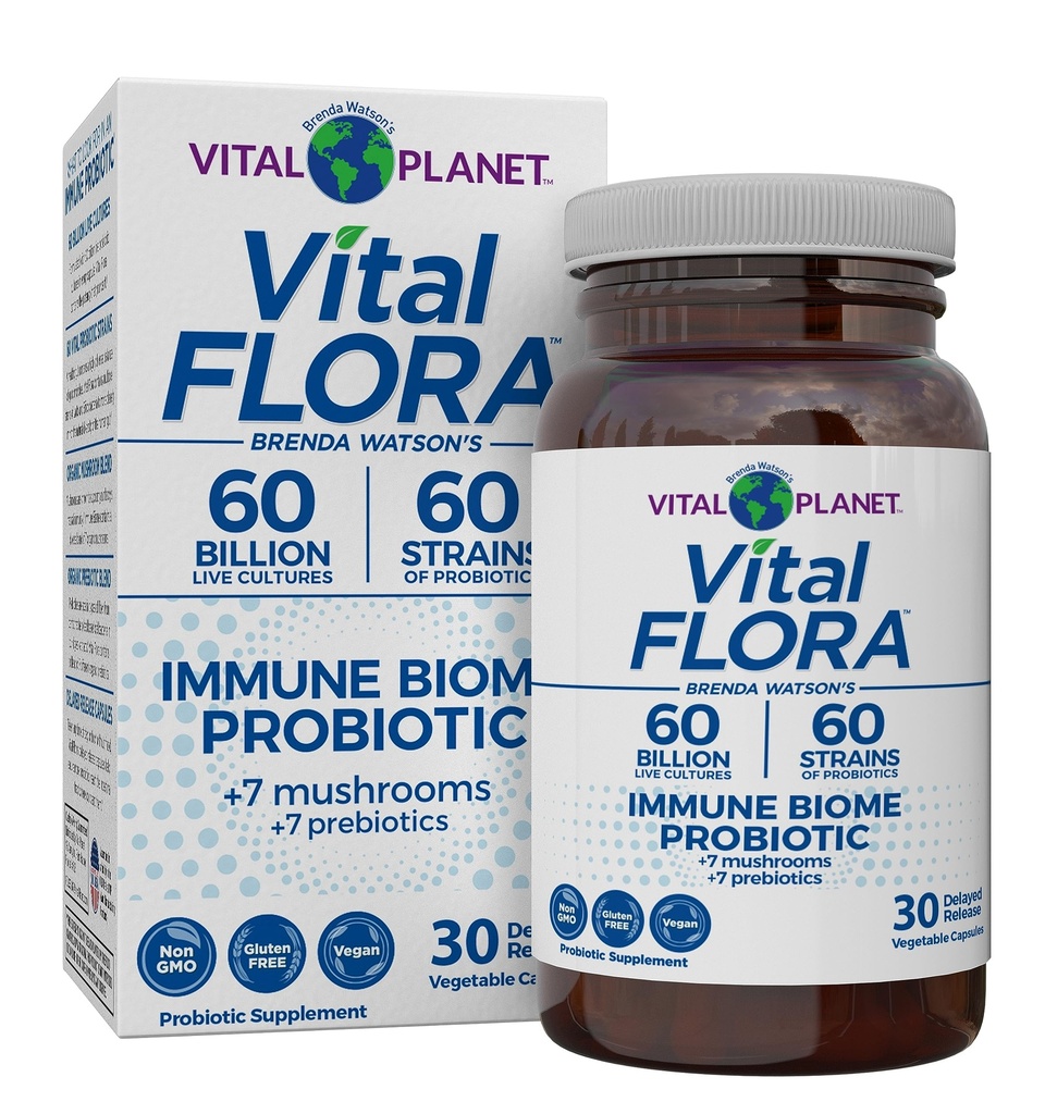 Vital Planet - Vital Flora Imunitate Support Probiotic, 60 miliard CFU, Diverse Straight Strains, Organic Houbový dodatek Směs s prebiotika, Digestivní zdraví Probiotika pro ženy a muže 30 Kapsle