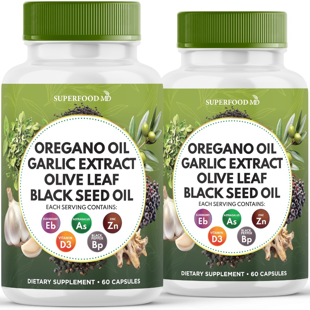 Oregano Oil, Česnek Extract, Olive Leaf, Black Seed Oil, Astragalus- Imunitate Support & Digestive Health Supplement for Women and Men- 120 Count