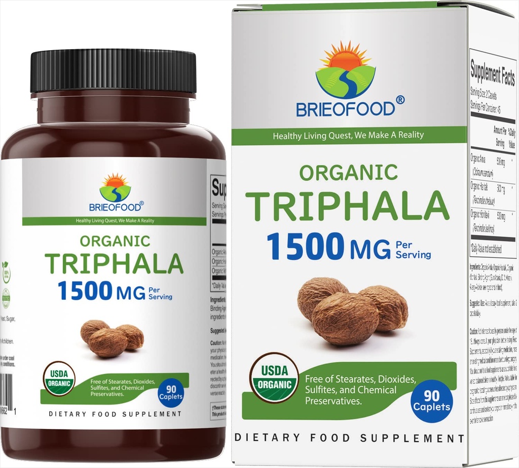 Brieofood Organic Triphala 1500mg, 45 Servings, Vegetarian, Gluten Free, 90 Vegetarian Tablety