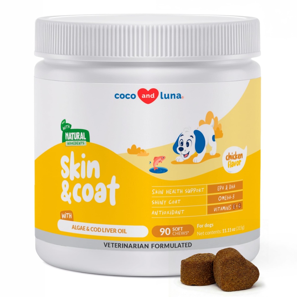 Omega 3 Rybí olej pro psy - Kožní a coat dodatek s Cod Játra Oil, Řasy, EPA & DHA mastné kyseliny pro psa Shedding, Itch Relief, Hot Spots, Kožní alergie, Joint & Heart Support - 90 Soft Chews