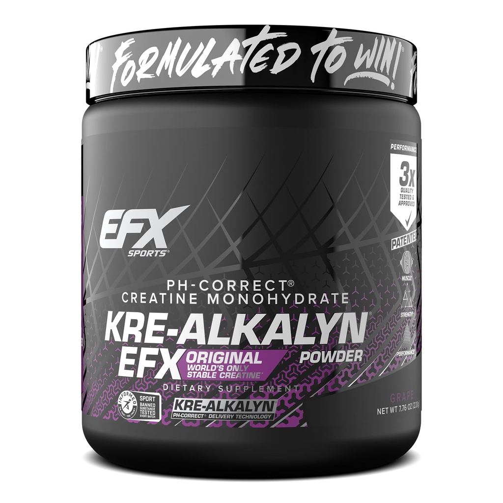 EFX Sports Kre-Alkalyn EFX Powder 124; pH korektní Creatin Monohydrát Prášek Dodatek 124; Síla, růst svalů a výkon 124; 110 Služeb (Grape)