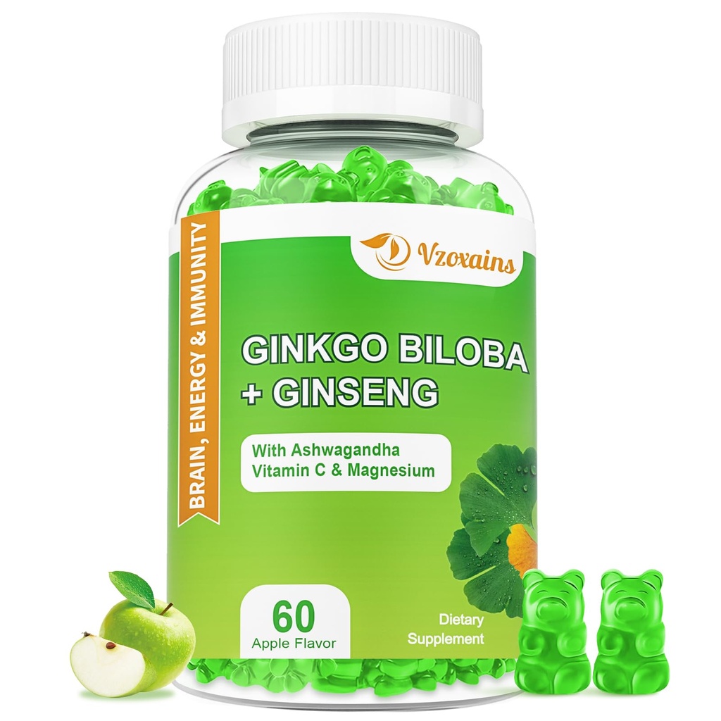 240MG Ginkgo Biloba Gummies s ženšenem a hořčíkem, Ginko Biloba doplňky Gummies pro zaměření mozku, nálady a paměti pro dospělé, 60 Cts
