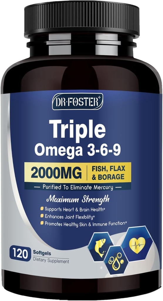 Triple Omega 3-6-9 Fish Oil 2000mg s vitaminem E - EPA & DHA Fatty Acids Supplementary - Podporuje srdce, mozek, oko, kůže a imunitní zdraví - Obsahuje Flaxseed & Brutage, Non- GMO, 120 Softgels