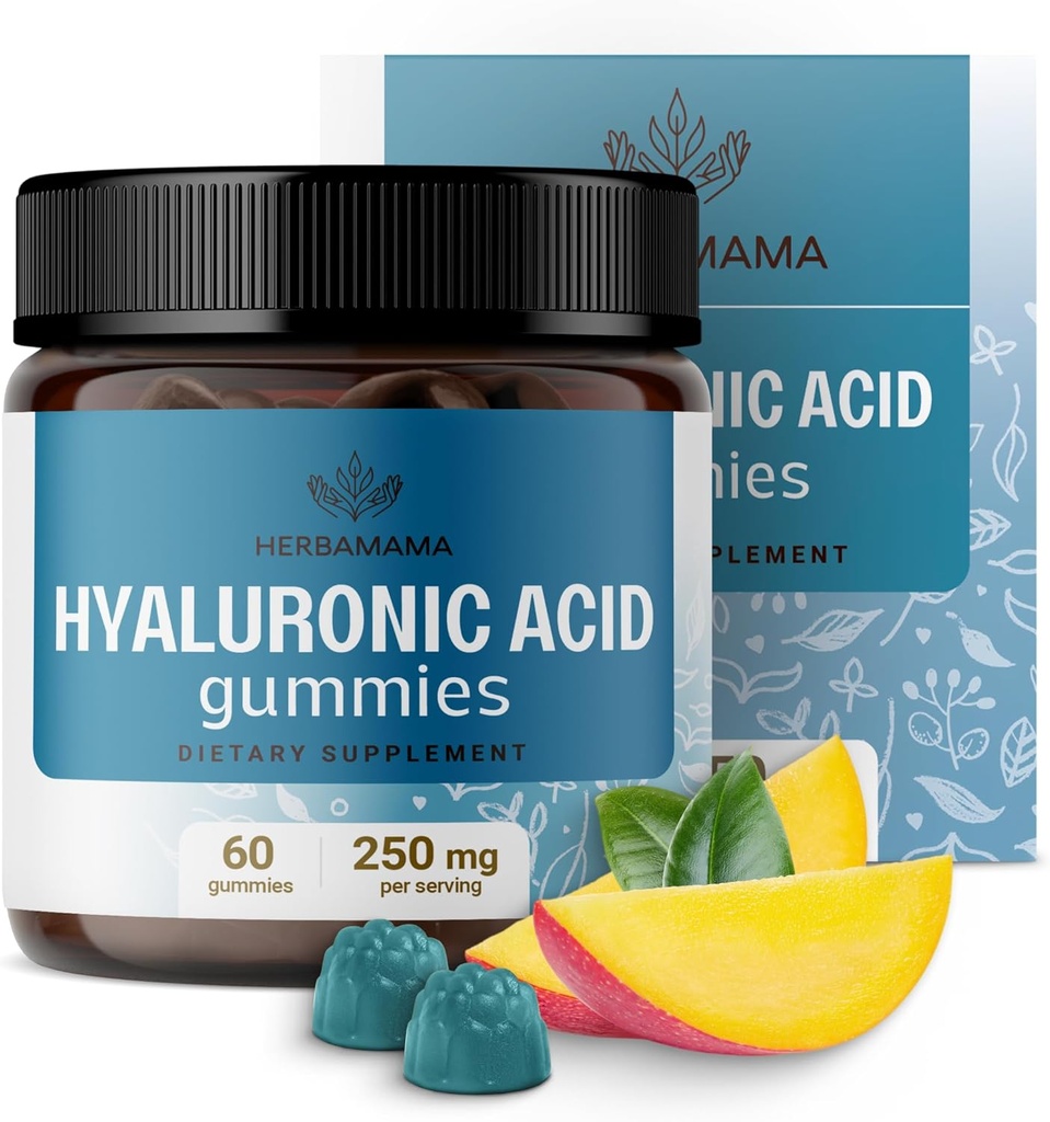 HERBAMAMA Hyaluronic Acid Gummies - 250mg Čistá Hyaluronic Acid for Hair, Skin & Nails Support - Vegan, Non- GMO Kožní elasticita Dodatek - 60 Pectin- based Mango- ochucené Chews