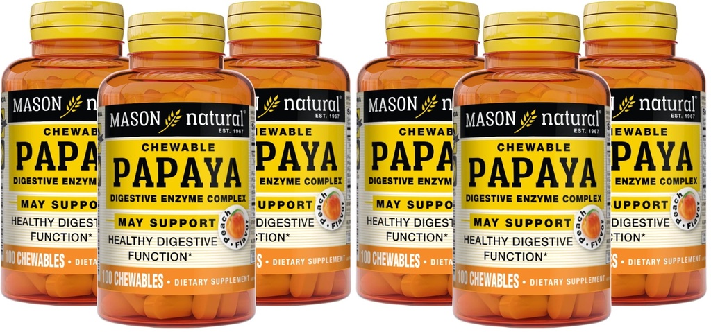MASON NATURAL Papaya Digitative Enzyme Complex - Zdravá potravní funkce, podporuje absorpci živin, Peach Flavor, 100 žvýkaček (balení po 6)