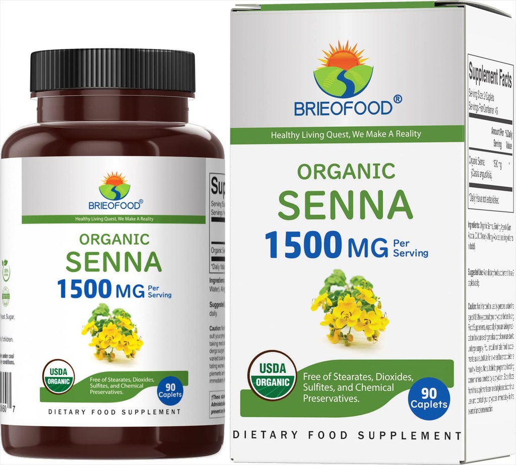 Brieofood Organic Senna 1500mg, 45 Servings, Vegetarian, gluten Free, 90 Vegetarian Tablety