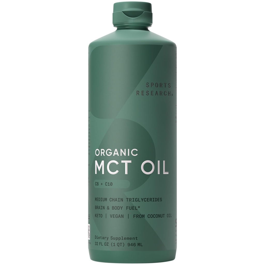Sport Research Organic MCT Olej - Keto & Vegan MCTs C8, C10 z kokosů - Fatty acid Brain & Body Fuel, Non-GMO & gluten Free - Flavorless Oil, Perfect in Coffee, Tea & Protein Shakes - 32 oz