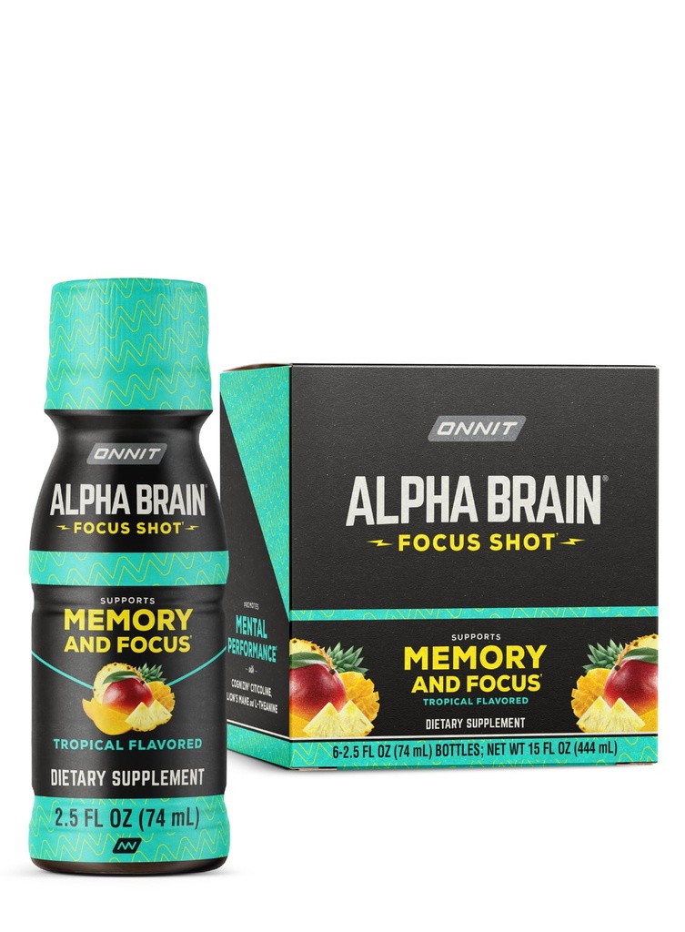 ONNIT Alpha Mozek Focus Shot, Tropical Flavor, Nootropní dietní doplněk nápoj, který podporuje energii, Focus, a Mood, IGEN ™ Non- GMO Tested, 2.5 fl oz, 6 Počet