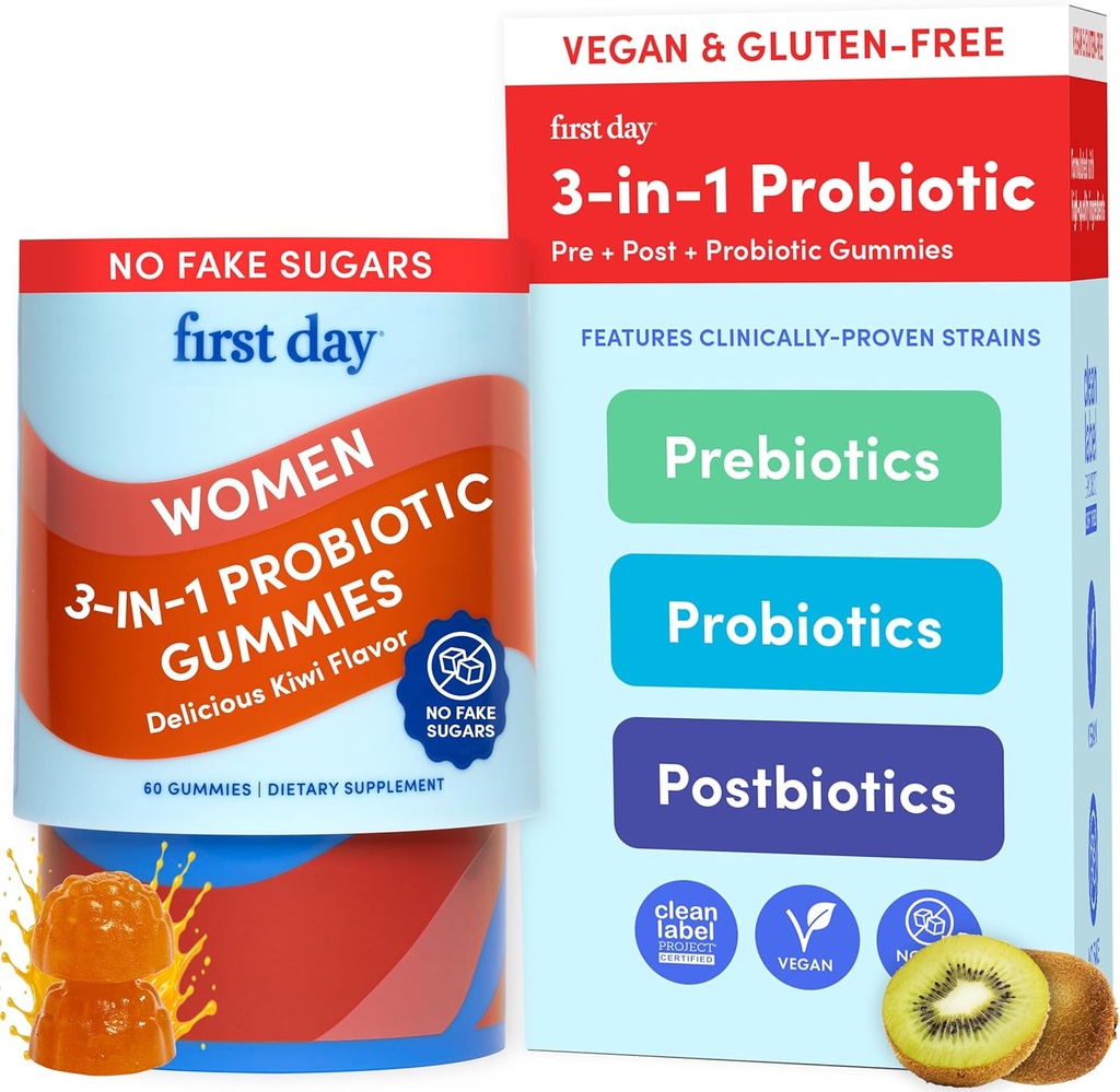 PRVNÍ DEN ŽENY 3- in-1 Probiotické gumy - Prebiotické + Probiotické + Postbiotické doplňky - Podporuje stravovací a orální zdraví, imunitní funkce a energetické hladiny - 30- denní zásobování