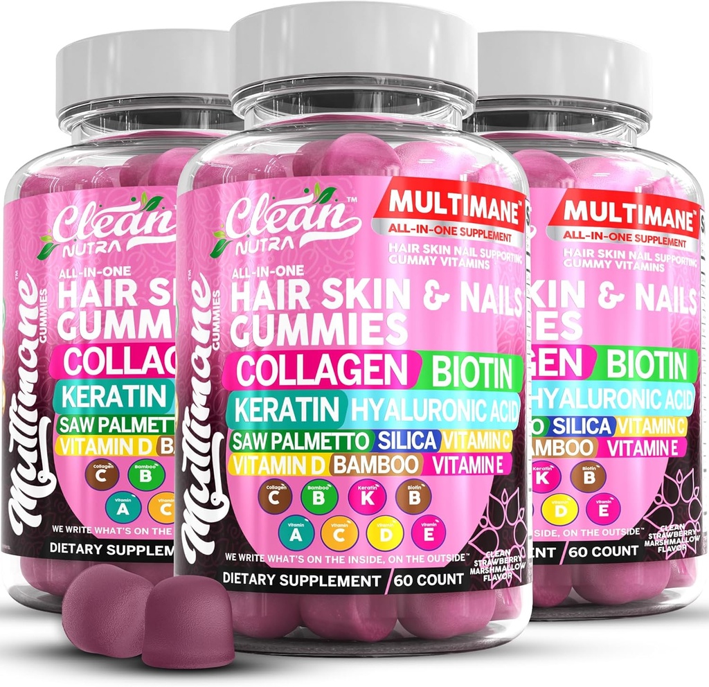 Multimane kolagen gumy s Biotin Keratin Hyaluronic Acid Bamboo Vitamin A C Vitamin D Vitamin E Folát Saw Palmetto Křemík B3 Vitamíny Vlasové kůže a hřebíky gumy podle čisté Nutra