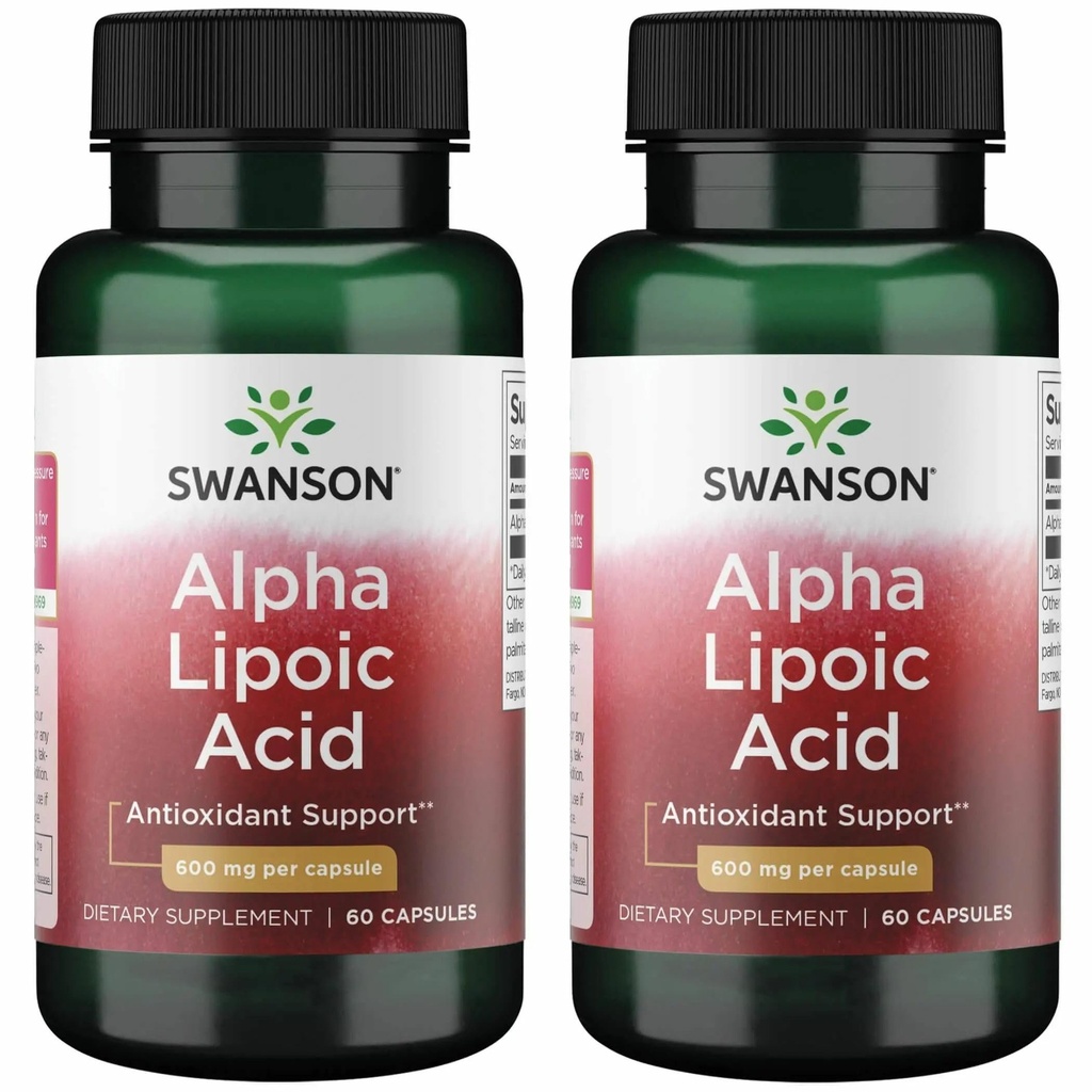 Swanson Alpha Lipoic Acid - přírodní doplněk podporující zdravou hladinu krevního tlaku již v normálním rozsahu - Promotes Karbohydrát metabolismus - (60 kapslí, 600mg každý) (2 balení)