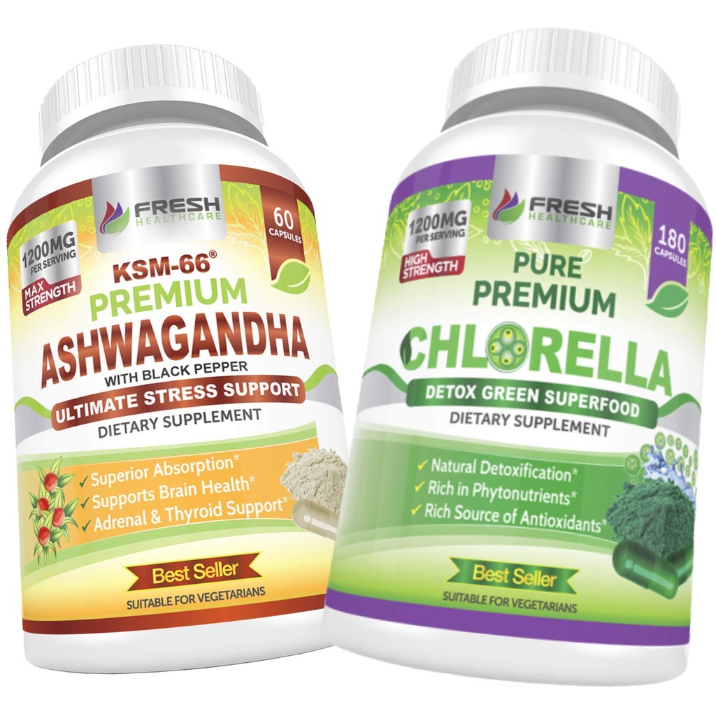 ČERSTVÁ ZDRAVOTNÍ CARE Ashwagandha KSM 66 a Chlorella Detox Superfood - Bundle