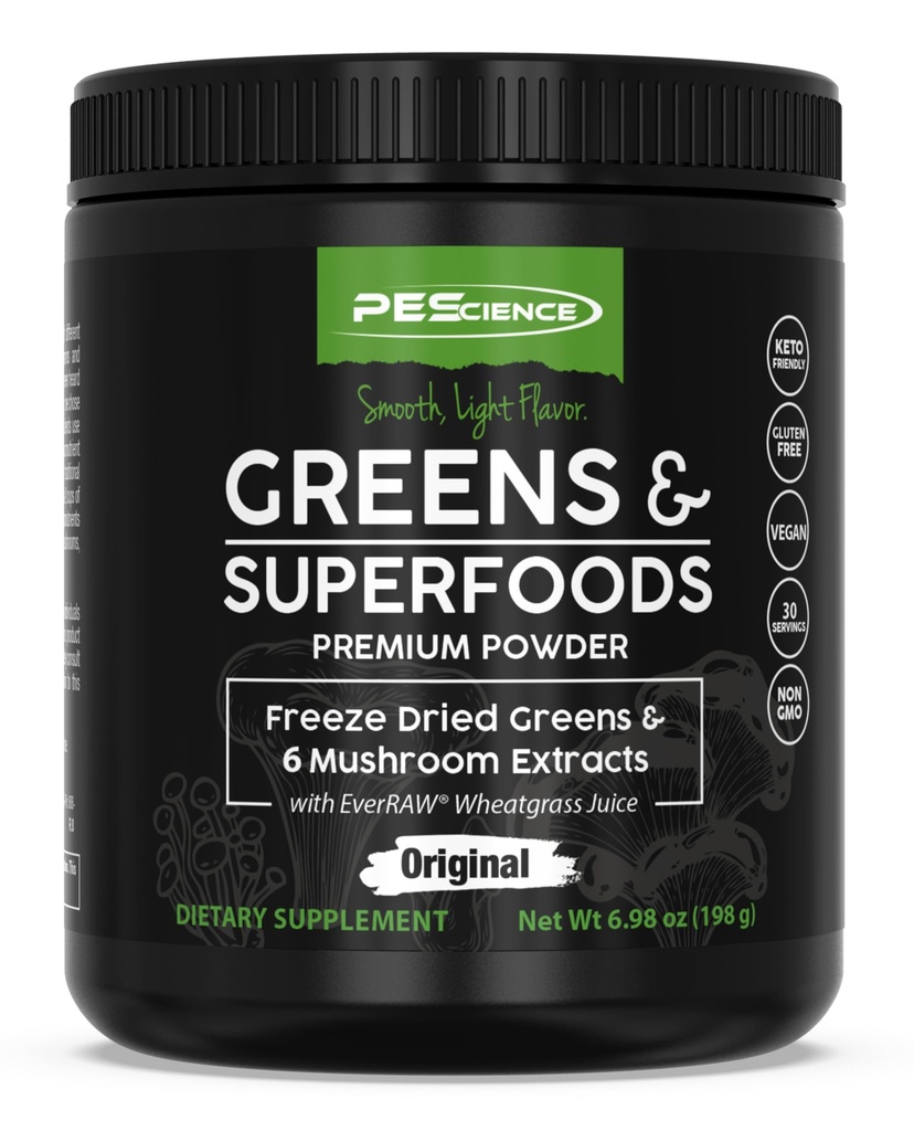 Pescience Green Powder Superfood s přírodním chlorofylem, Reishi & Turkey Tail Mushroom Powders, Freeze- Sušený kapusta, Špenát, Brokolice výhonky, Original Flavor, 30 Servings