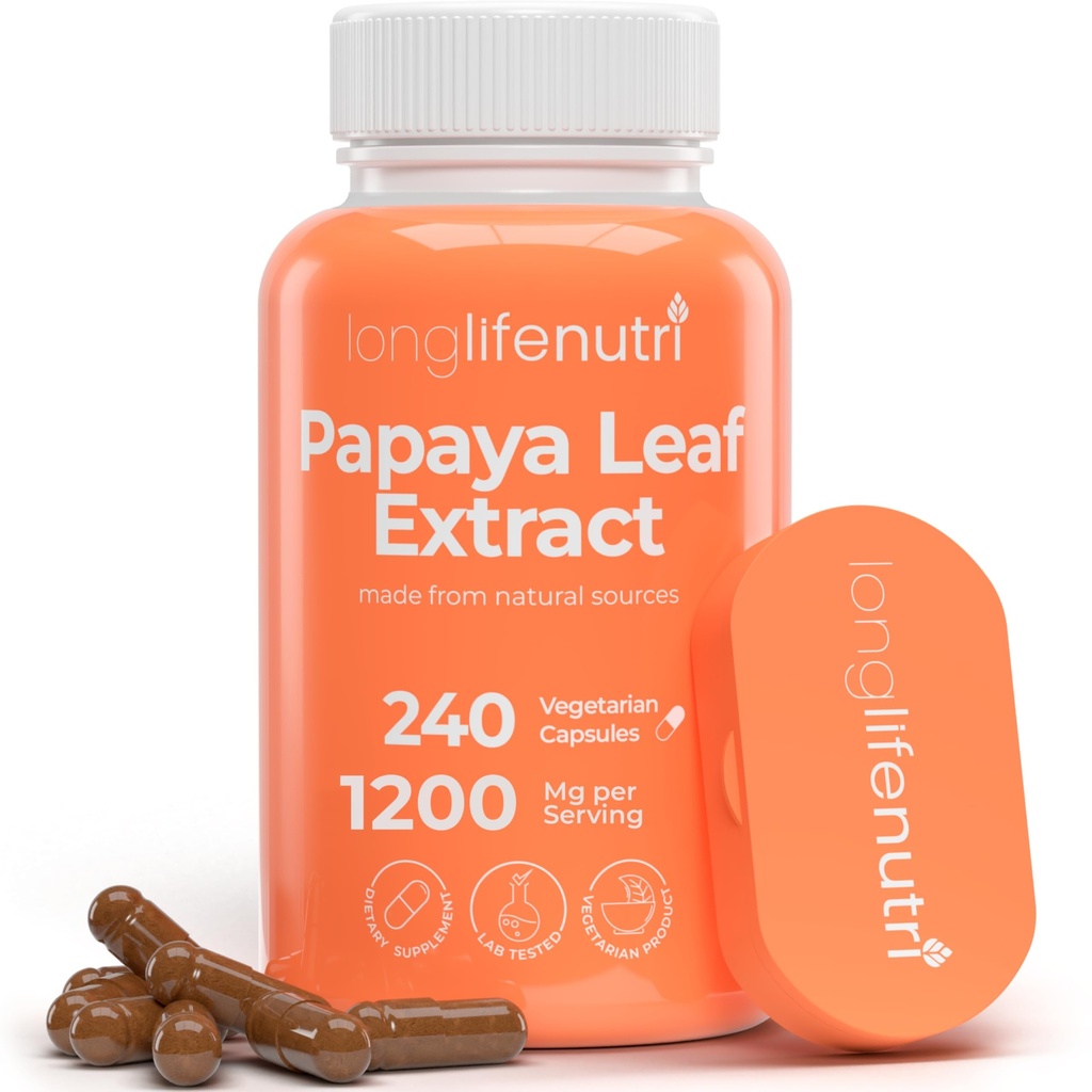 LongLifeNutri Papaya Leaf Extract Supplement 1,200mg per Serving - 240 Vegetariánské kapsle, 4- měsíční dodávky, z Carica Papaya pro denní Wellness, GMP Certified, Made in USA