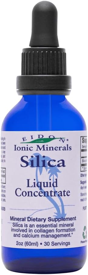 Eidon Liquid Silica Mineral koncentrát - Silica Supplement Kapky pro vlasy, kůži a nehty, Podporuje kolagen výroba, pomáhá spravovat vápník, No Add Sugar - 2 oz