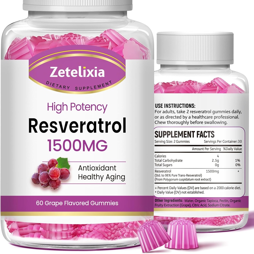Sugar Free Resveratrol Gummies - Vysoká čistota Resveratrol dodatek pro antioxidant, zdravé stárnutí, kůže, mozek, organický - 120 Gummies