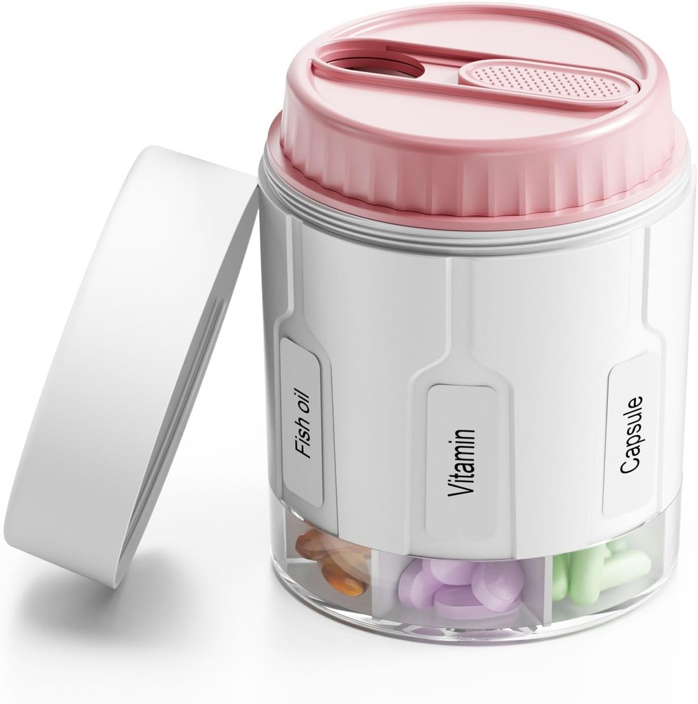 Daviky Pill Lahvička Organizátor, Dodatek Pořadatel se 7 Velké Compartments, Travel Pill Dipenser kulatý Pill Box se dvěma Lids Pink
